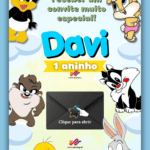 Convite Interativo Gold Looney Tunes Baby