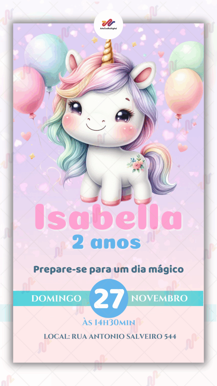 Convite Virtual Simples Unicórnio - Imagem 1