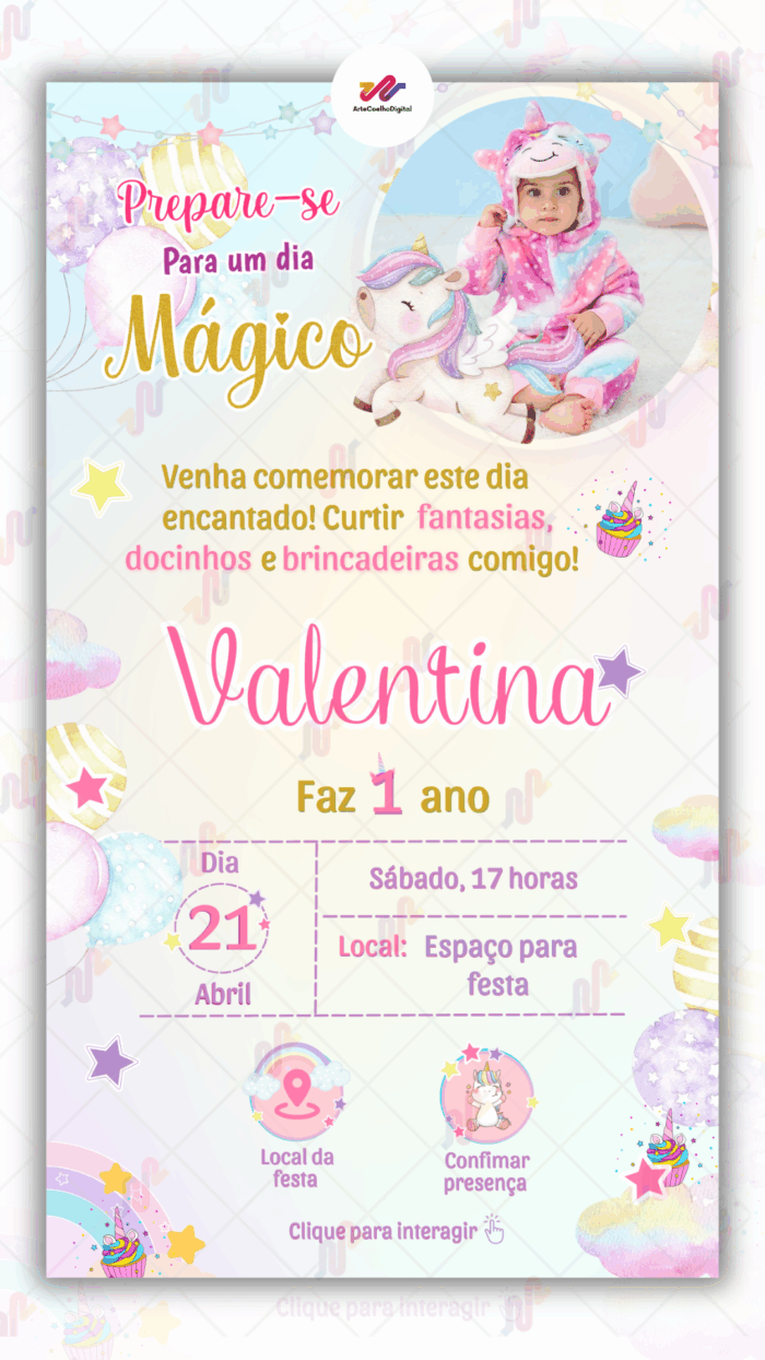 Convite Interativo simples Unicórnio - Imagem 1