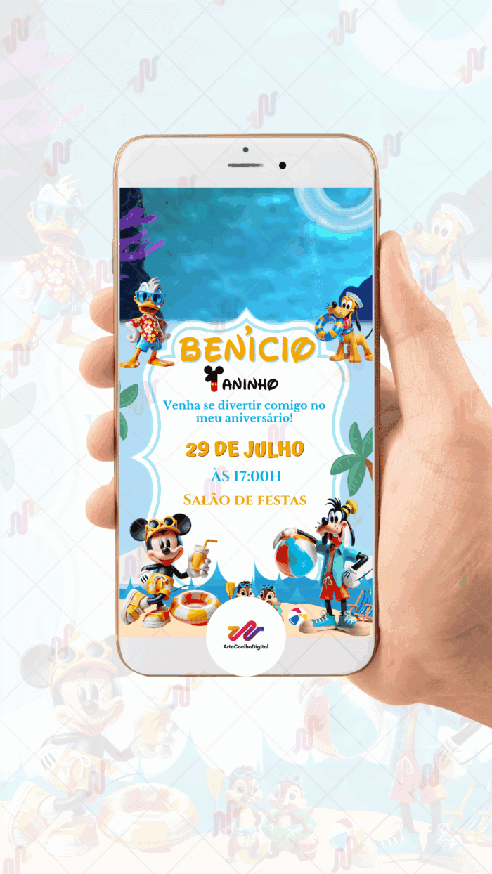 Convite Animado Simples Mickey na praia - Imagem 2