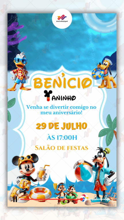 Convite Animado Simples Mickey na praia