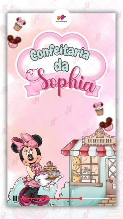 Convite Animado Plus Minnie Rosa Confeiteira