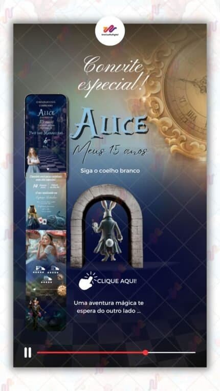 Convite Interativo Gold Infinito Alice no País das Maravilhas 15 anos
